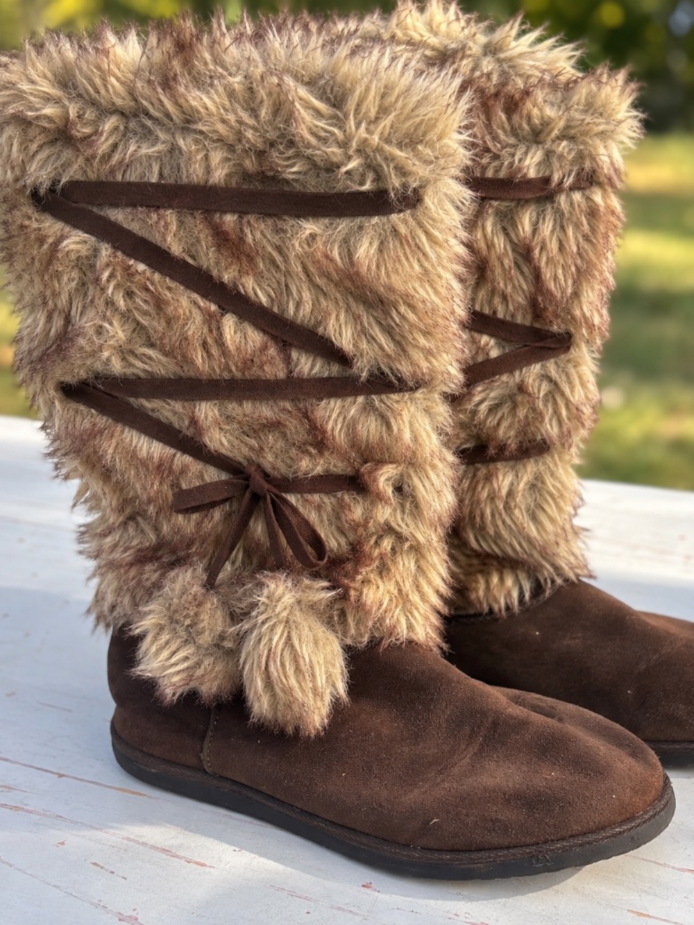 Brown Faux Fur Pom-Pom Winter Boots • Lace-Up Wrap Detail